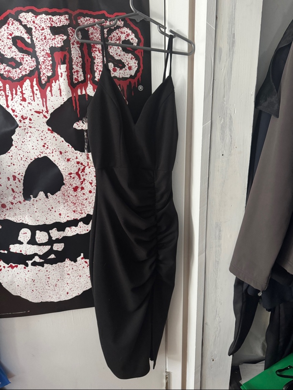 black ruched v neck dress